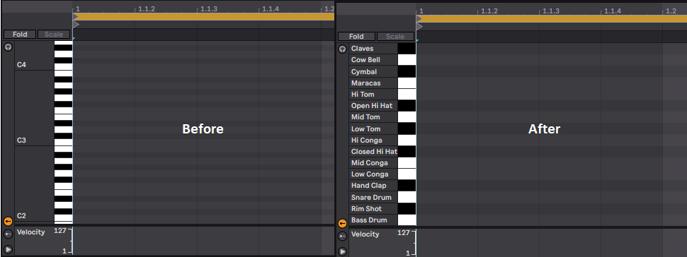 A comparison of the Ableton piano roll with and without a Drum Rack